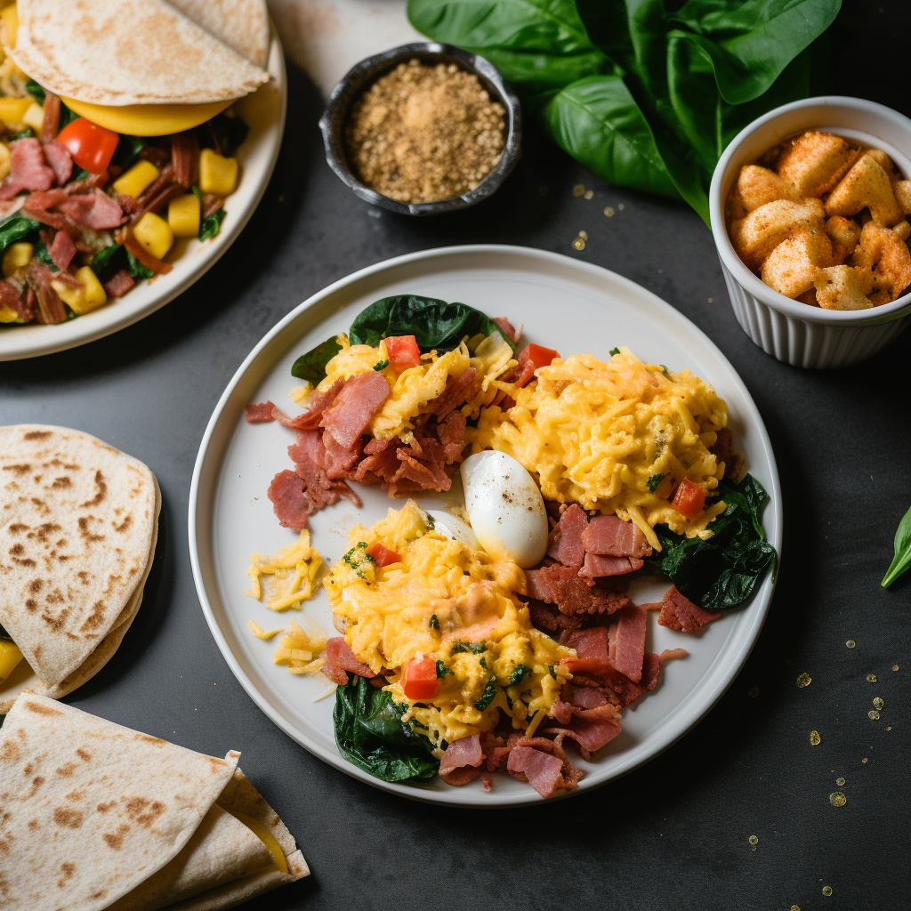 A skillet filled with corned beef and egg scramble garnished with fresh parsley