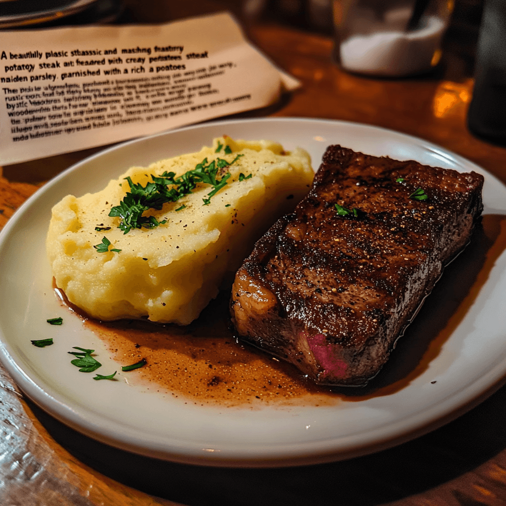 Sliced steak served with creamy mashed potatoes and garnished with fresh herbs Steak and Mashed Potatoes Recipe