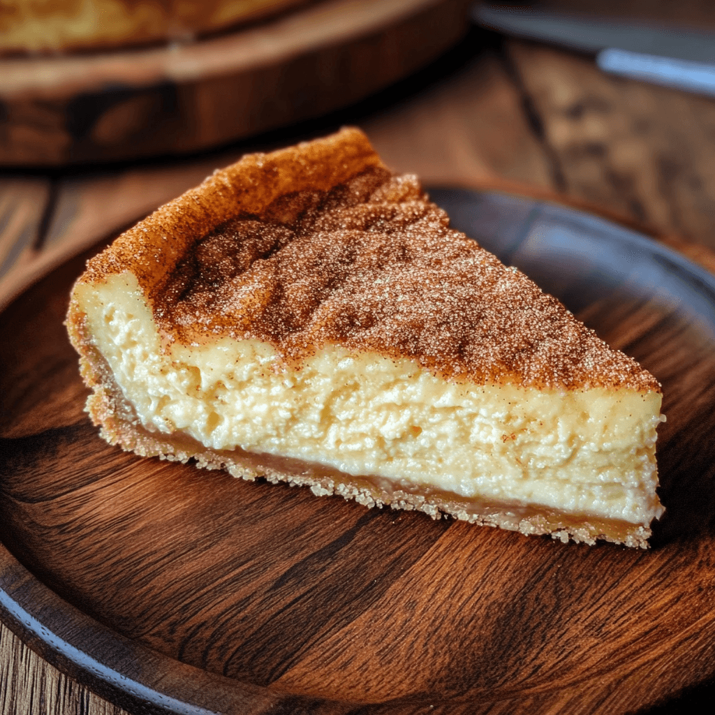 Churro cheesecake recipe being sliced and served on a plate.