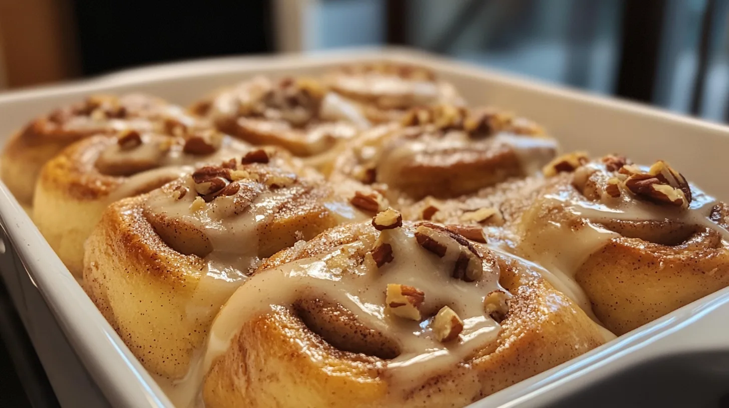 Freshly baked banana bread cinnamon rolls on a white plate topped with cream cheese glaze.