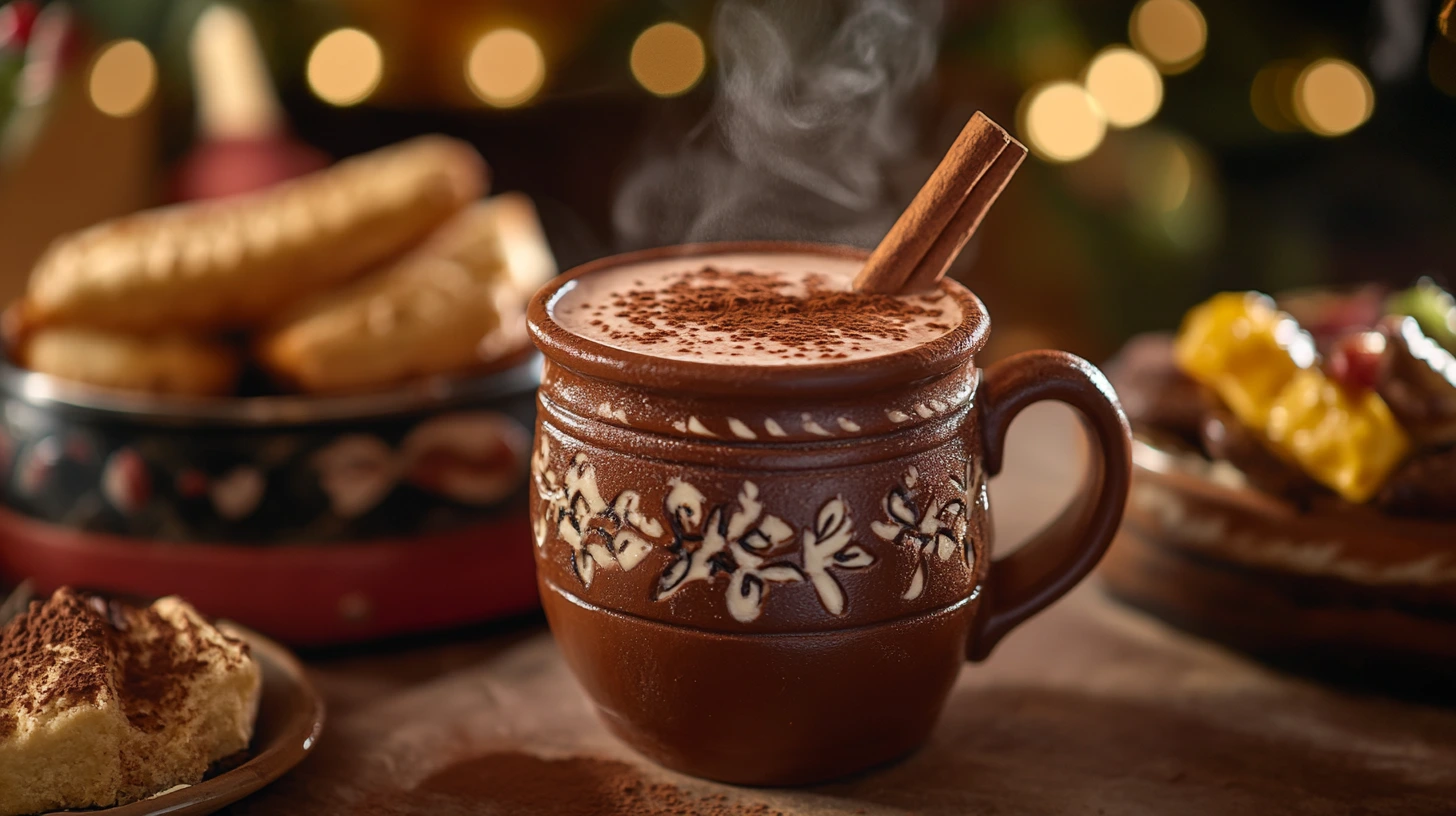 A steaming cup of Mexican hot chocolate in a traditional clay mug, garnished with a cinnamon stick
