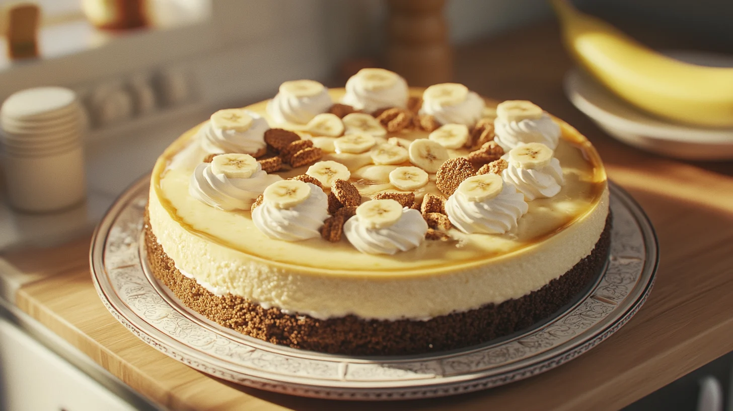 A golden-brown Banana Pudding Cheesecake topped with freshly sliced bananas, crushed vanilla wafers, and dollops of whipped cream on a white serving plate.