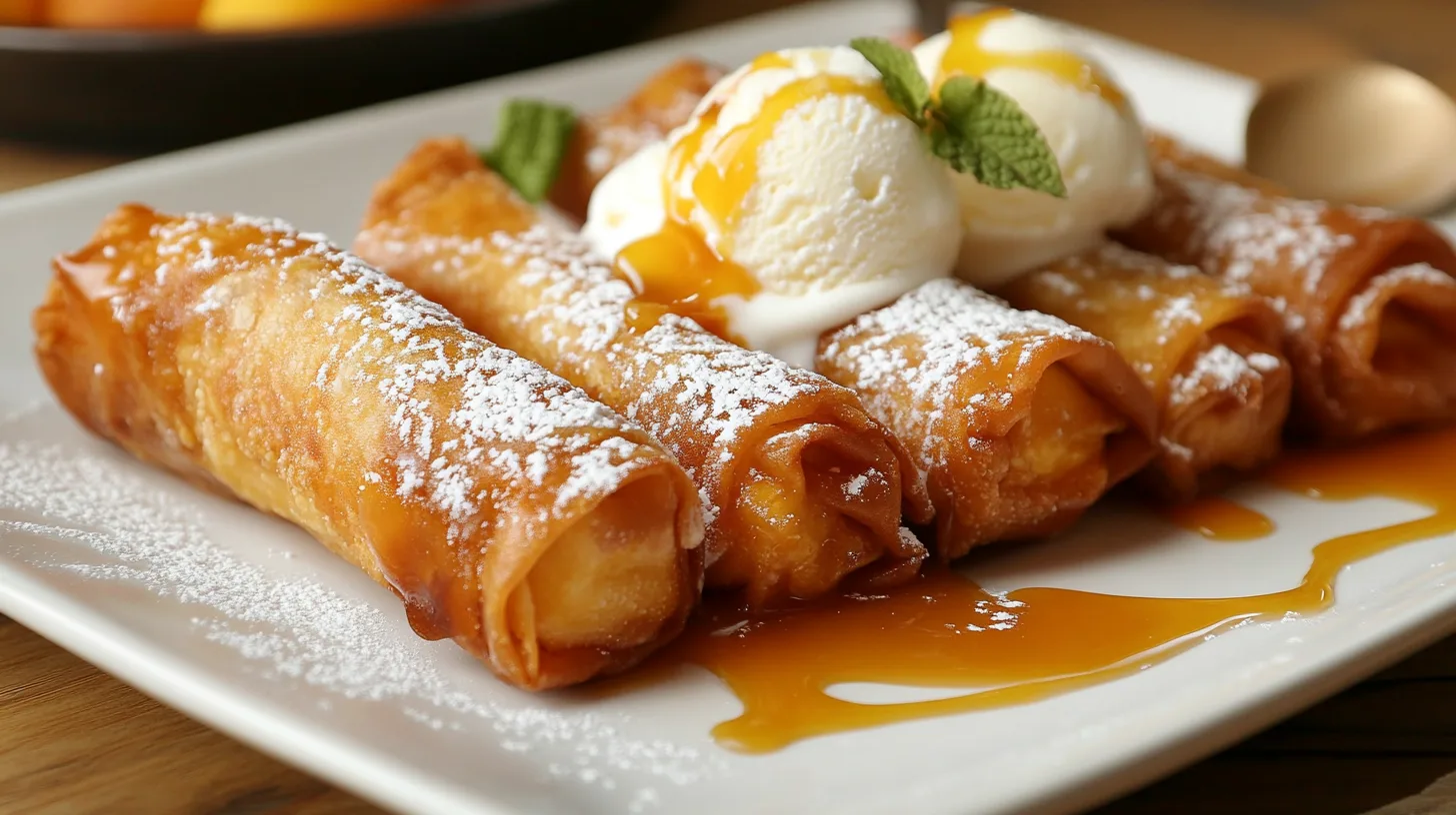 Peach cobbler egg rolls served with a scoop of creamy vanilla ice cream and caramel drizzle.