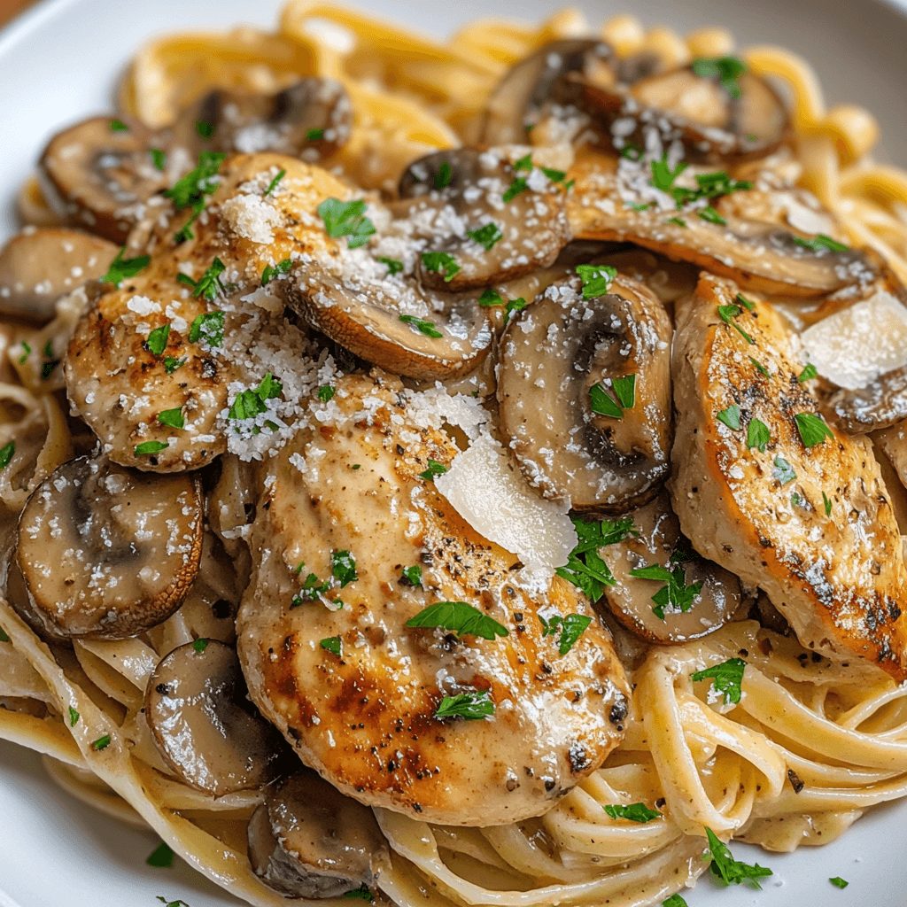 Halal Chicken Marsala Fettuccine served with golden brown chicken, creamy sauce, sautéed mushrooms, and parsley garnish