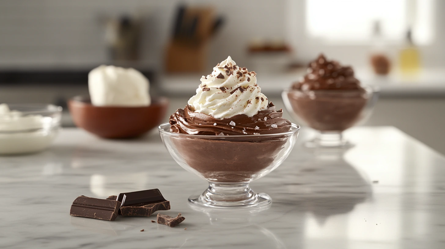Chocolate Budino served in a ramekin garnished with whipped cream and dark chocolate shavings.