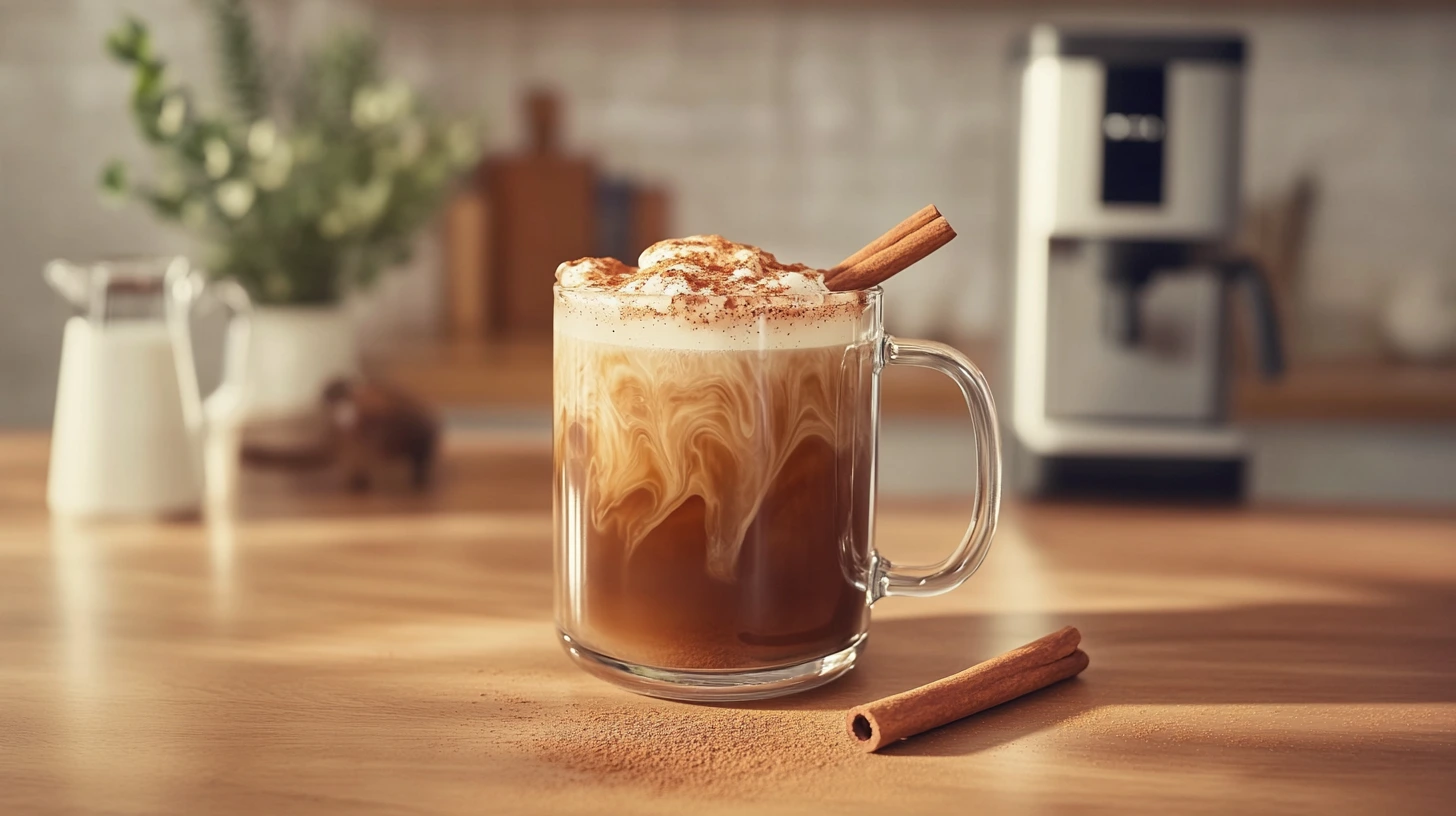 Freshly brewed cinnamon coffee in a ceramic mug with cinnamon sticks on the side.