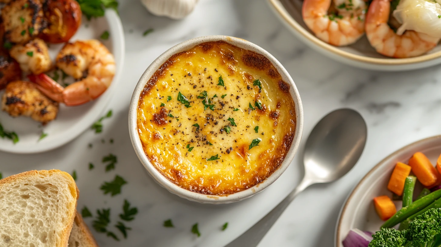 Garlic butter sauce in a small bowl with a spoon and fresh parsley garnish