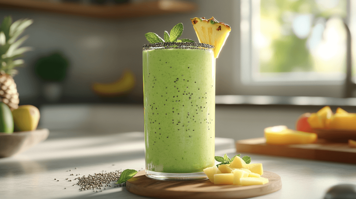 A glass of Detox Island Green Smoothie garnished with mint leaves and sprinkled with chia seeds.