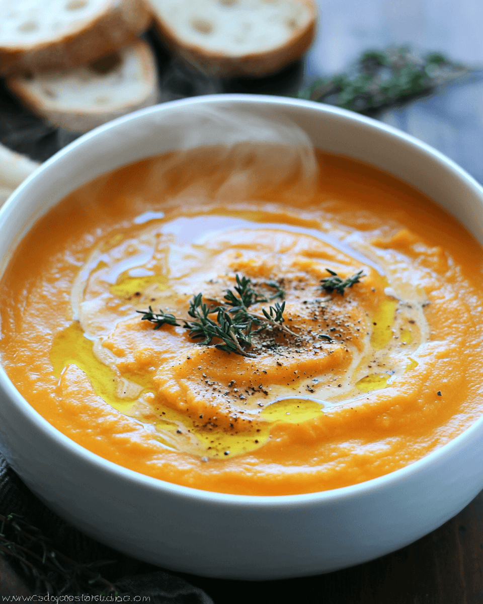 Bowl of creamy butternut squash sweet potato soup garnished with thyme and pumpkin seeds