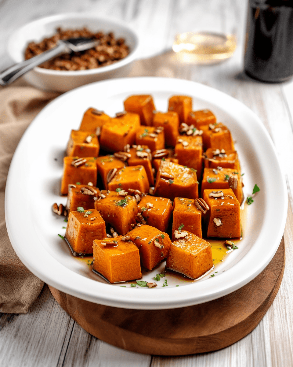 Close-up of golden roasted sweet potatoes coated in cinnamon and maple syrup, served on a rustic white plate