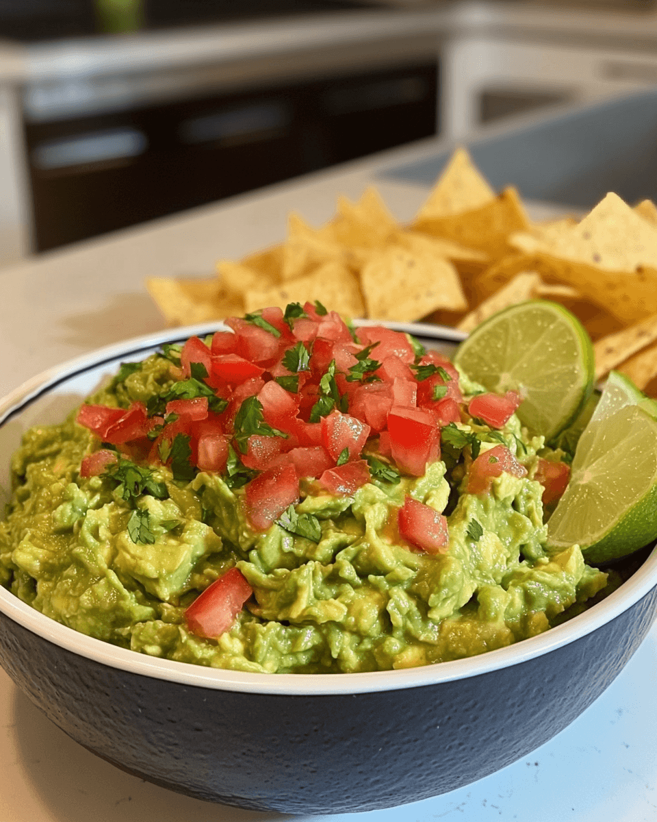 5 Ingredient Guacamole Recipe served in a bowl with tortilla chips