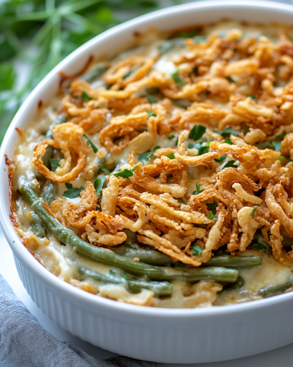 Ingredients for green bean casserole with cream of chicken, including green beans, cream of chicken soup, and French fried onions.