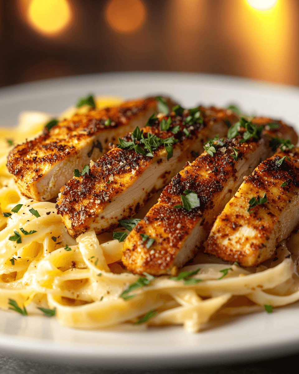 Blackened chicken searing in a cast-iron skillet, showcasing its smoky, crispy crust, perfect for blackened chicken Alfredo