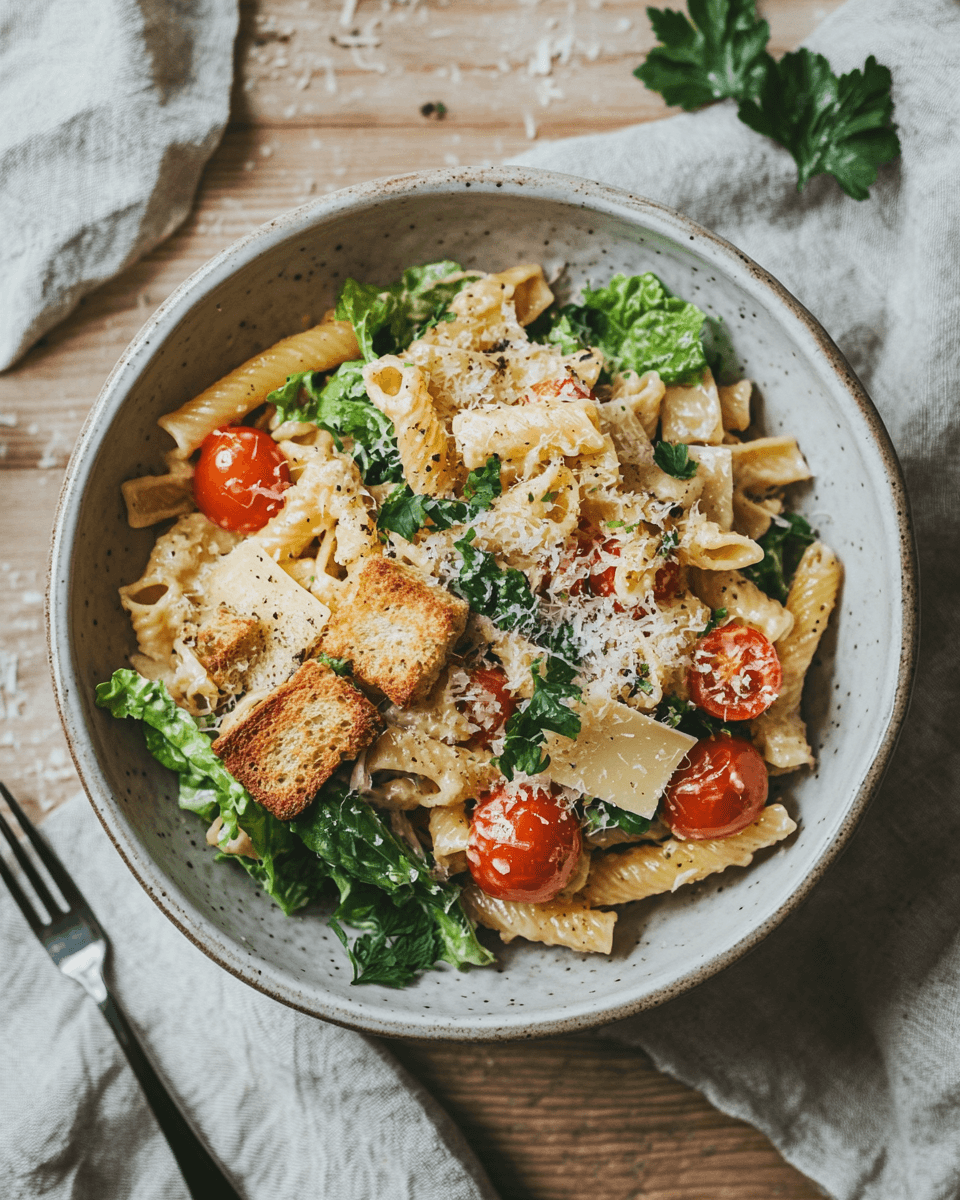 Bowl of Caesar pasta salad with fresh croutons, cherry tomatoes, and Parmesan cheese