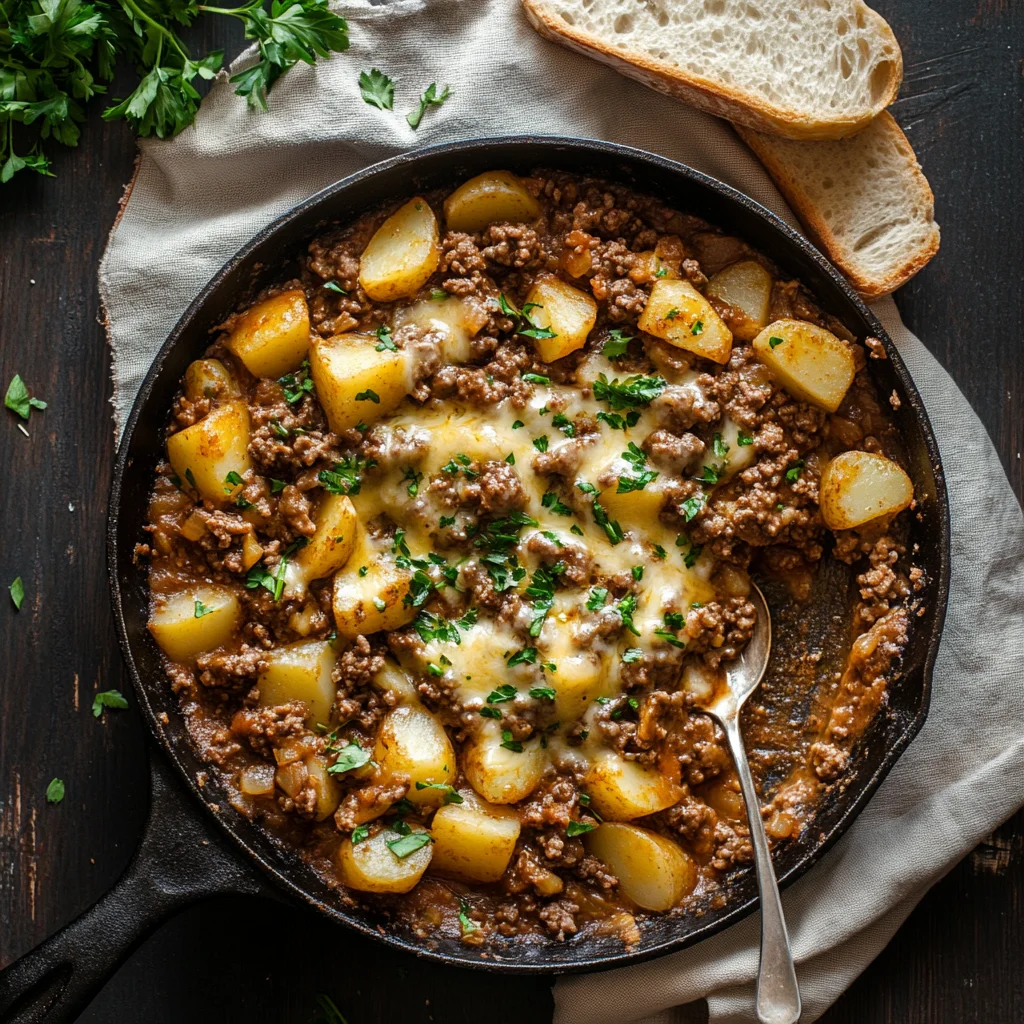 Close-up of crispy potatoes and seasoned ground beef with a golden finish