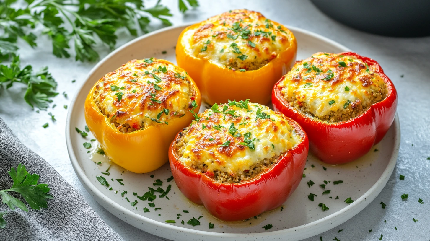 A freshly cooked air fryer stuffed pepper topped with melted cheese and garnished with fresh parsley, placed on a white plate.