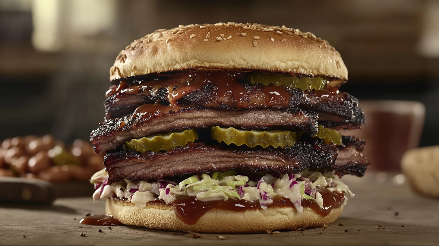 A juicy brisket sandwich with barbecue sauce, pickles, and coleslaw on a toasted brioche bun