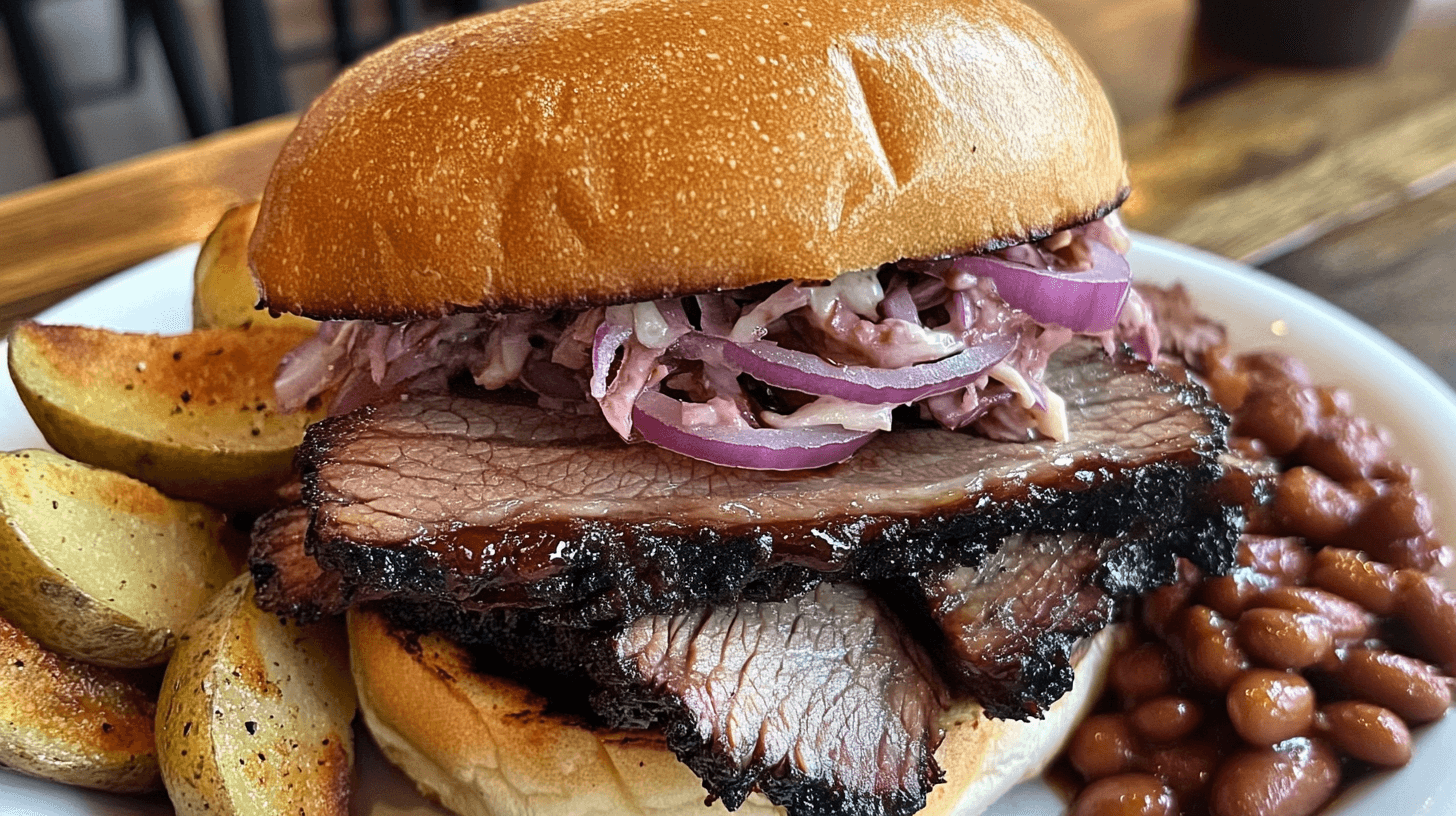 A savory brisket sandwich with barbecue sauce, coleslaw, and pickles on a toasted brioche bun.