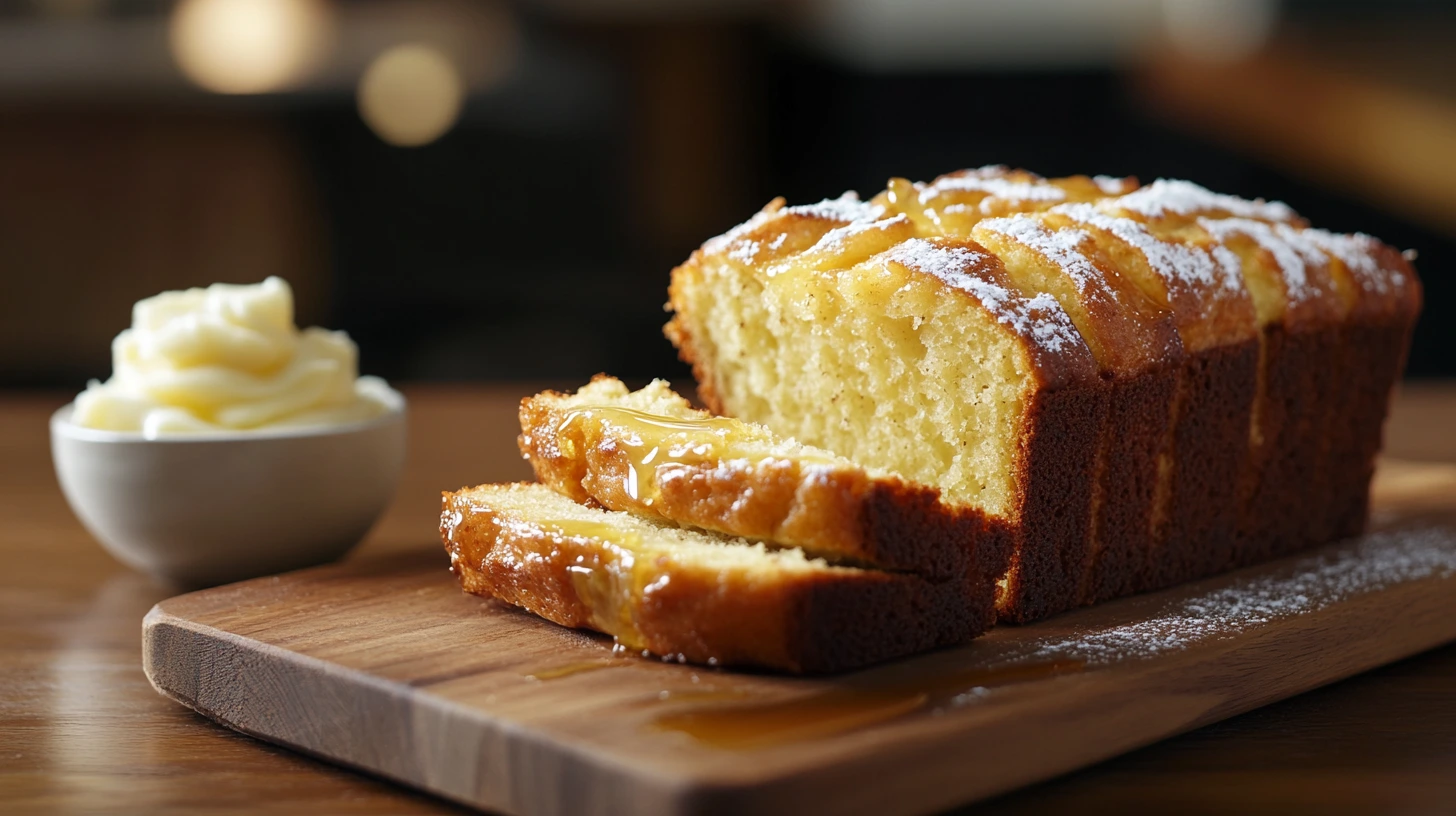 Sliced 4-Ingredient Banana Bread served with butter and honey for added flavor.