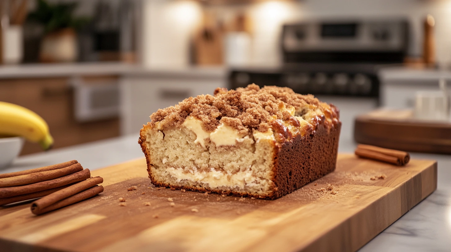 Cream cheese banana bread served with coffee and a dollop of whipped cream on the side.
