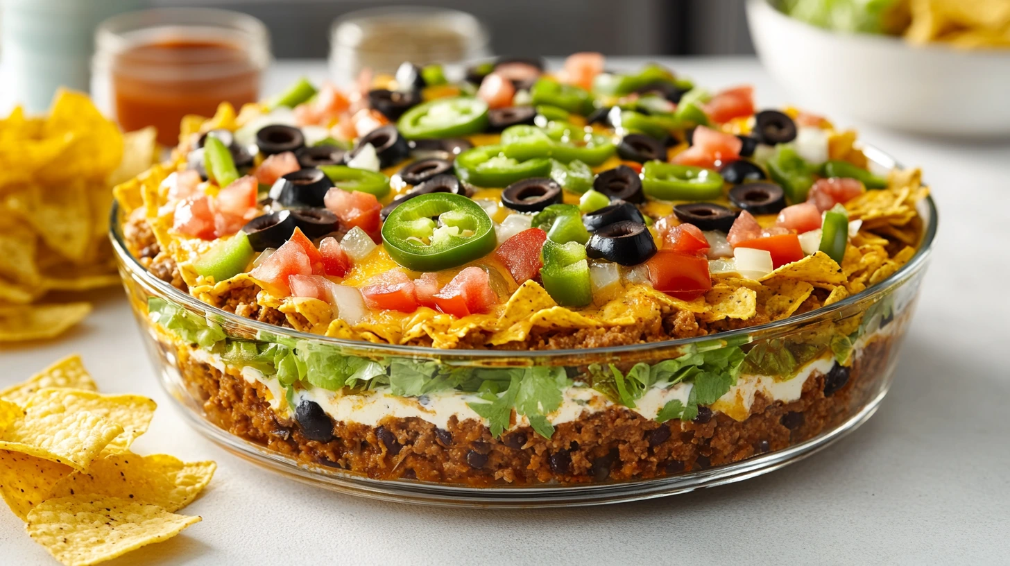 Close-up of taco dip with cream cheese, topped with shredded cheese, salsa, and fresh veggies.