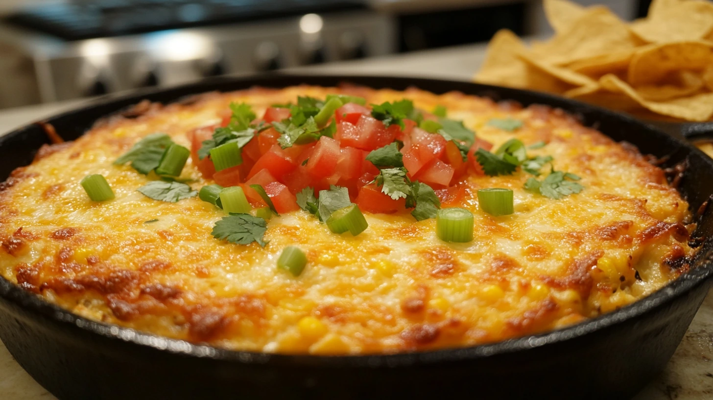 Corn dip with cream cheese served in a baking dish, garnished with crispy bacon bits and green onions.