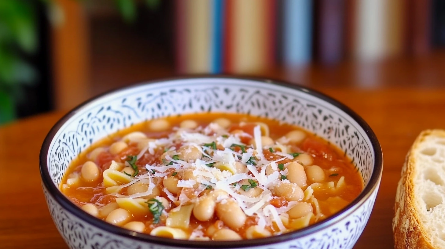 A hearty bowl of Pasta Fagioli topped with Parmesan cheese and fresh parsley.